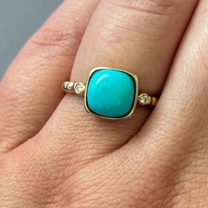14K Gold EFFY Turquoise Diamond Accent Square Bezel Ring Size 6